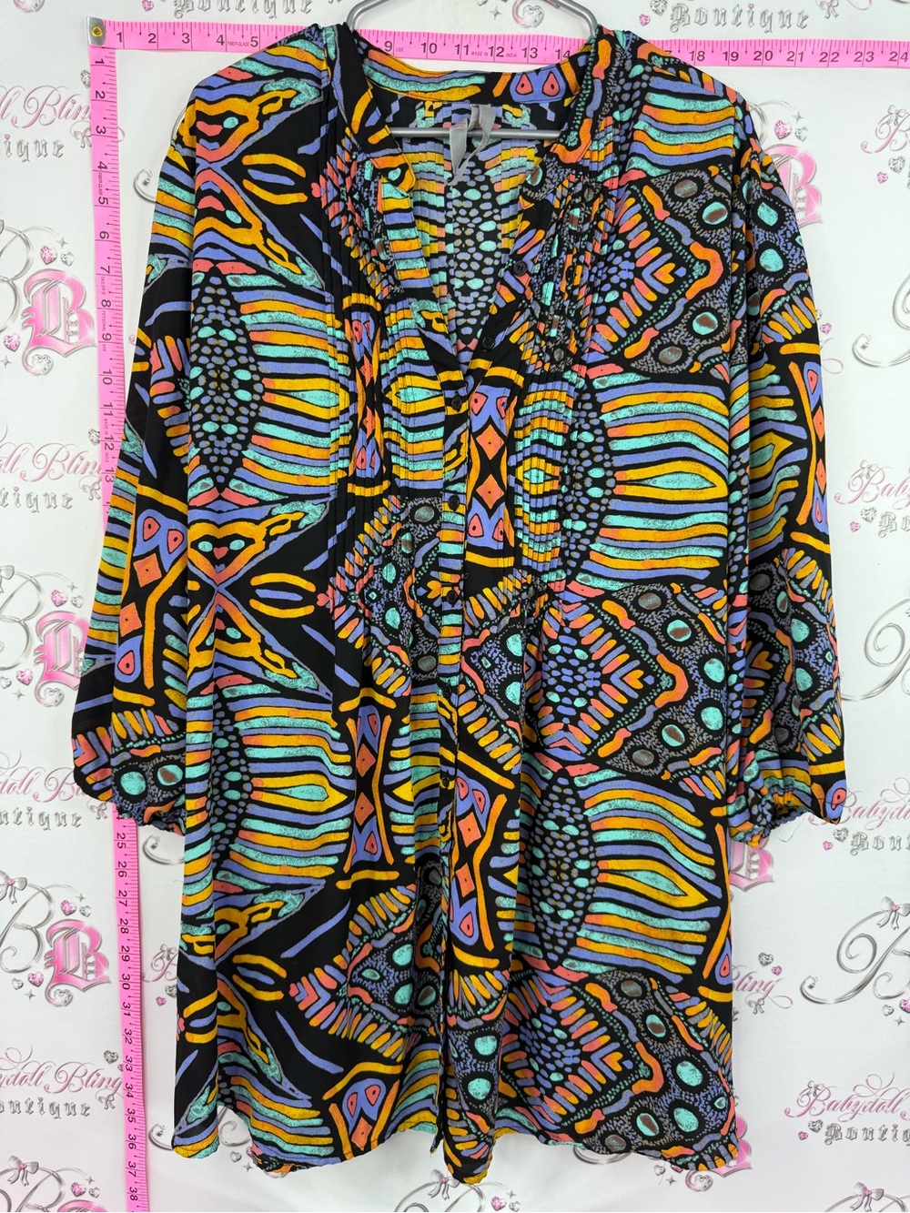 Vibrant Geometric Print Tunic - Black with Teal, Yellow & Coral